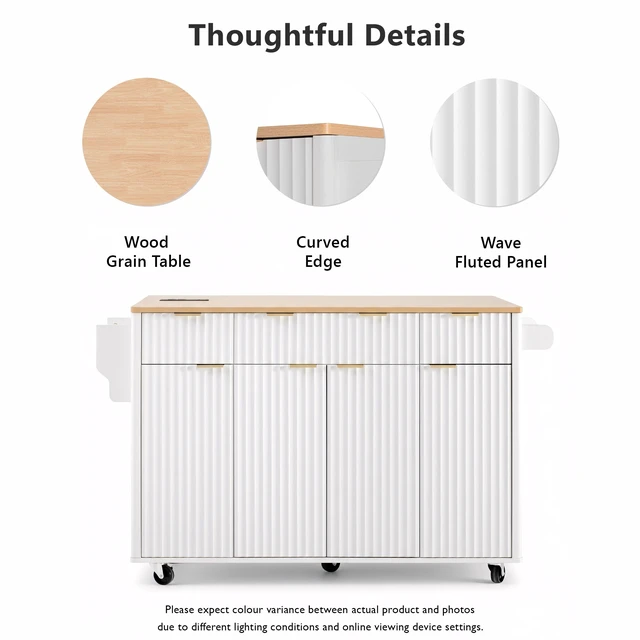 Alt view image 4 of 7 - Fluted Kitchen Island with Storage, 55.5 Inch Kitchen Island with Drop Leaf Power Outlet 4 Doors and 3 Drawers Rolling