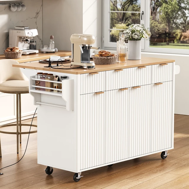 Alt view image 2 of 7 - Fluted Kitchen Island with Storage, 55.5 Inch Kitchen Island with Drop Leaf Power Outlet 4 Doors and 3 Drawers Rolling