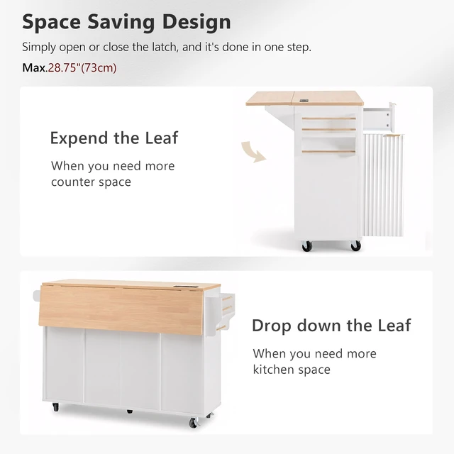 Alt view image 7 of 7 - Fluted Kitchen Island with Storage, 55.5 Inch Kitchen Island with Drop Leaf Power Outlet 4 Doors and 3 Drawers Rolling