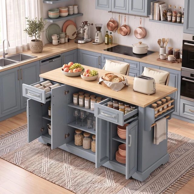 Alt view image 2 of 7 - 54.1 Inch Large Kitchen Island with Drop Leaf, Embossed Texture Rolling Kitchen Cart 4 Wheels with 4 Doors and 2