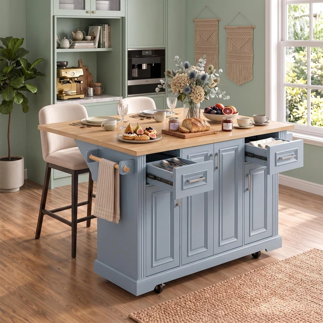 Alt view image 4 of 7 - 54.1 Inch Large Kitchen Island with Drop Leaf, Embossed Texture Rolling Kitchen Cart 4 Wheels with 4 Doors and 2