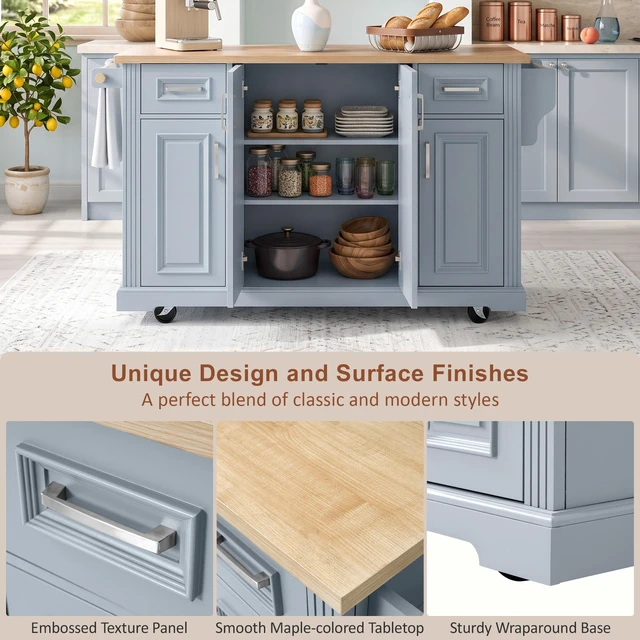 Alt view image 5 of 7 - 54.1 Inch Large Kitchen Island with Drop Leaf, Embossed Texture Rolling Kitchen Cart 4 Wheels with 4 Doors and 2