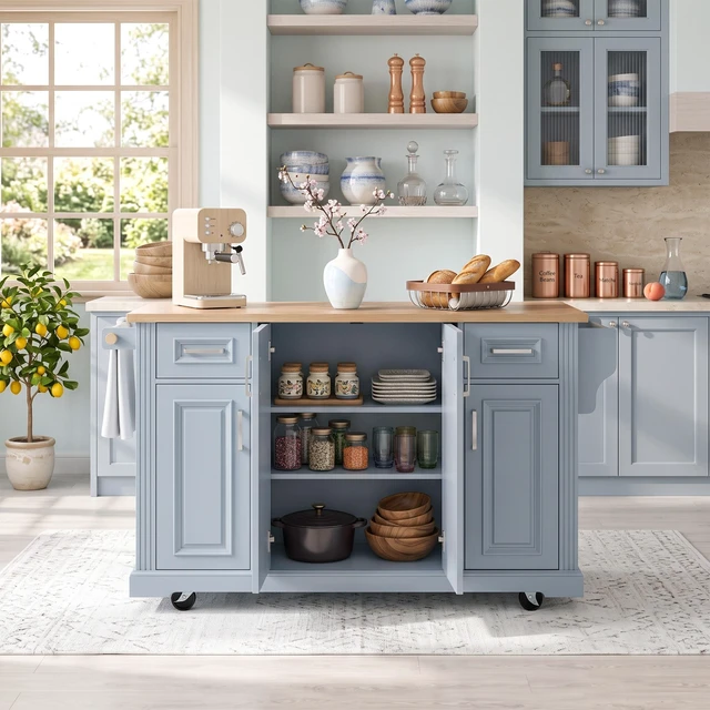 Alt view image 3 of 7 - 54.1 Inch Large Kitchen Island with Drop Leaf, Embossed Texture Rolling Kitchen Cart 4 Wheels with 4 Doors and 2