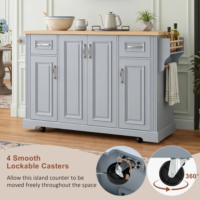 Alt view image 7 of 7 - 54.1 Inch Large Kitchen Island with Drop Leaf, Embossed Texture Rolling Kitchen Cart 4 Wheels with 4 Doors and 2