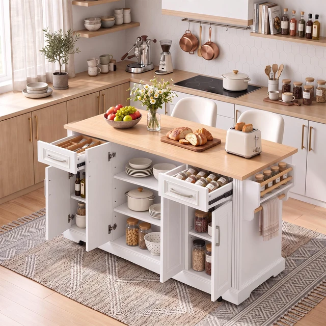 Alt view image 2 of 7 - 54.1 Inch Large Kitchen Island with Drop Leaf, Embossed Texture Rolling Kitchen Cart 4 Wheels with 4 Doors and 2