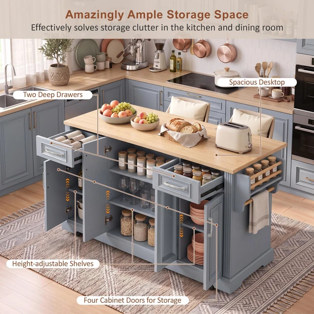 Alt view image 6 of 7 - 54.1 Inch Large Kitchen Island with Drop Leaf, Embossed Texture Rolling Kitchen Cart 4 Wheels with 4 Doors and 2