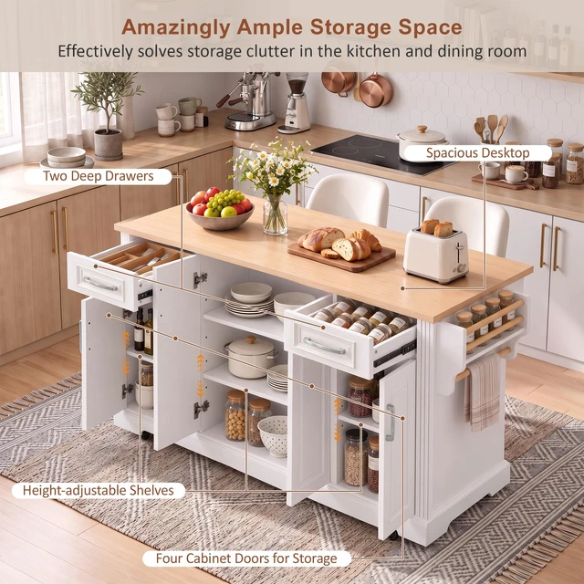 Alt view image 6 of 7 - 54.1 Inch Large Kitchen Island with Drop Leaf, Embossed Texture Rolling Kitchen Cart 4 Wheels with 4 Doors and 2