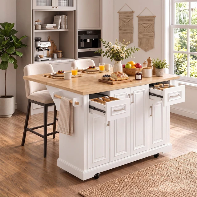 Alt view image 4 of 7 - 54.1 Inch Large Kitchen Island with Drop Leaf, Embossed Texture Rolling Kitchen Cart 4 Wheels with 4 Doors and 2