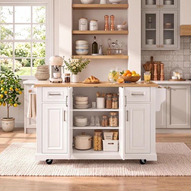 Alt view image 3 of 7 - 54.1 Inch Large Kitchen Island with Drop Leaf, Embossed Texture Rolling Kitchen Cart 4 Wheels with 4 Doors and 2