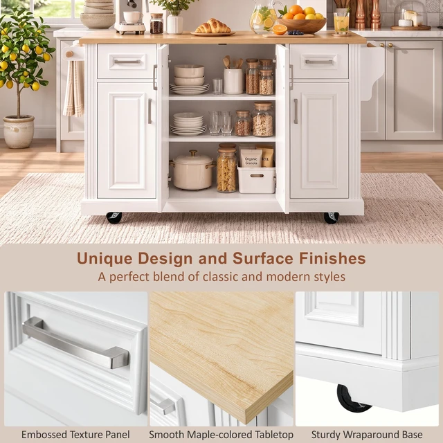 Alt view image 5 of 7 - 54.1 Inch Large Kitchen Island with Drop Leaf, Embossed Texture Rolling Kitchen Cart 4 Wheels with 4 Doors and 2
