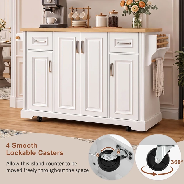Alt view image 7 of 7 - 54.1 Inch Large Kitchen Island with Drop Leaf, Embossed Texture Rolling Kitchen Cart 4 Wheels with 4 Doors and 2