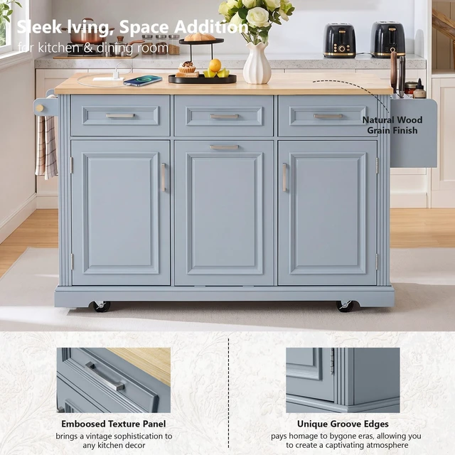 Alt view image 6 of 7 - 64.6 Inch Large Kitchen Island with Trash Can Storage, Embossed Texture Rolling Kitchen Cart 4 Wheels with 2 Doors
