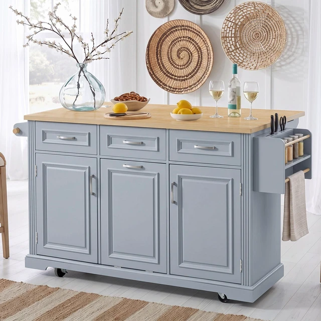 Alt view image 2 of 7 - 64.6 Inch Large Kitchen Island with Trash Can Storage, Embossed Texture Rolling Kitchen Cart 4 Wheels with 2 Doors