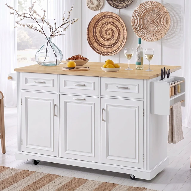 Alt view image 2 of 7 - 64.6 Inch Large Kitchen Island with Trash Can Storage, Embossed Texture Rolling Kitchen Cart 4 Wheels with 2 Doors