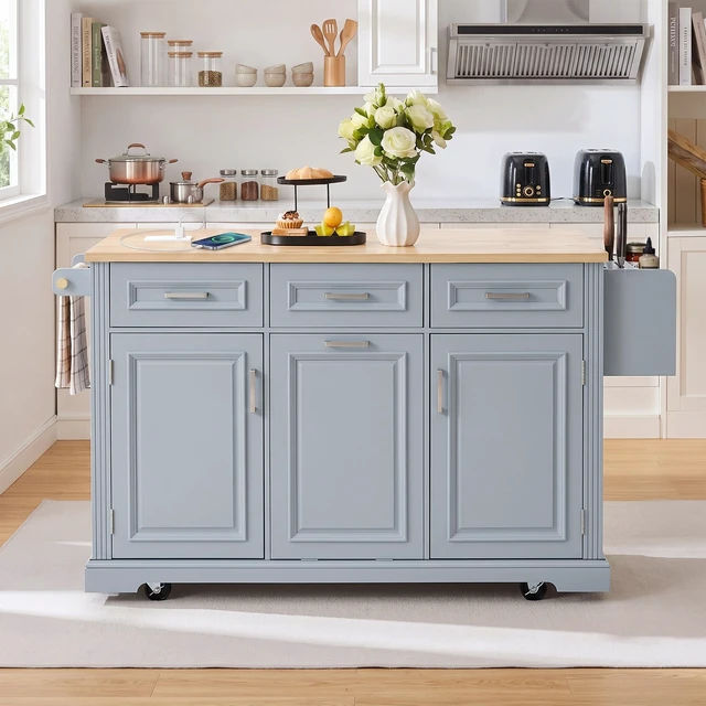 Alt view image 4 of 7 - 64.6 Inch Large Kitchen Island with Trash Can Storage, Embossed Texture Rolling Kitchen Cart 4 Wheels with 2 Doors