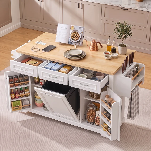 Alt view image 3 of 7 - 64.6 Inch Large Kitchen Island with Trash Can Storage, Embossed Texture Rolling Kitchen Cart 4 Wheels with 2 Doors