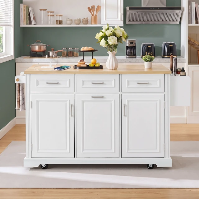 Alt view image 4 of 7 - 64.6 Inch Large Kitchen Island with Trash Can Storage, Embossed Texture Rolling Kitchen Cart 4 Wheels with 2 Doors