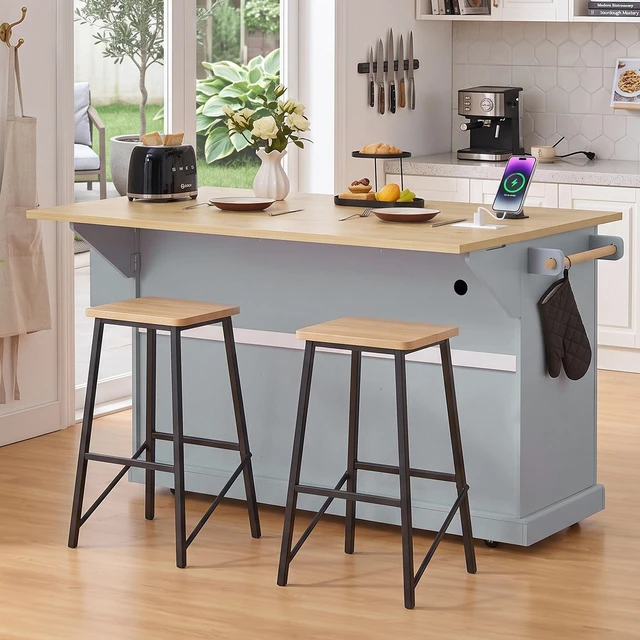 Alt view image 5 of 7 - 64.6 Inch Large Kitchen Island with Trash Can Storage, Embossed Texture Rolling Kitchen Cart 4 Wheels with 2 Doors