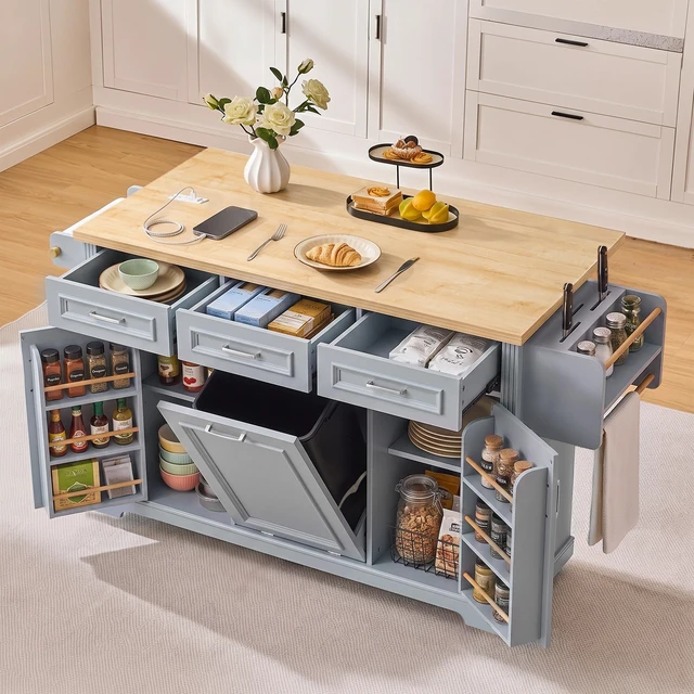 Alt view image 3 of 7 - 64.6 Inch Large Kitchen Island with Trash Can Storage, Embossed Texture Rolling Kitchen Cart 4 Wheels with 2 Doors