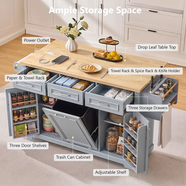 Alt view image 7 of 7 - 64.6 Inch Large Kitchen Island with Trash Can Storage, Embossed Texture Rolling Kitchen Cart 4 Wheels with 2 Doors