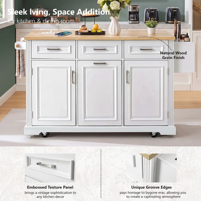 Alt view image 6 of 7 - 64.6 Inch Large Kitchen Island with Trash Can Storage, Embossed Texture Rolling Kitchen Cart 4 Wheels with 2 Doors