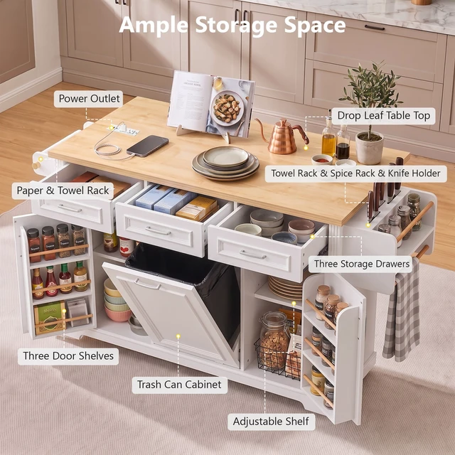 Alt view image 7 of 7 - 64.6 Inch Large Kitchen Island with Trash Can Storage, Embossed Texture Rolling Kitchen Cart 4 Wheels with 2 Doors