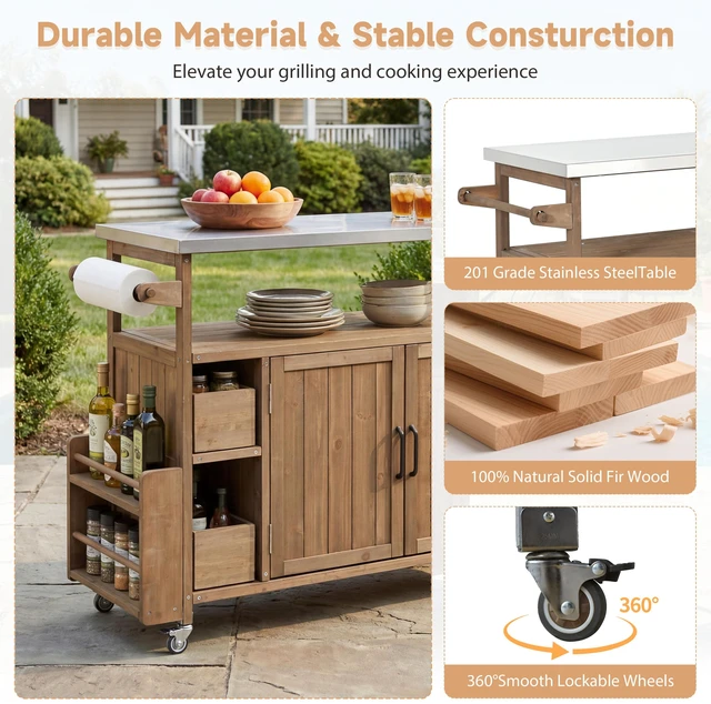 Main image of 54.33 Inch Rolling Outdoor Kitchen Cart, Solid Wood Frame with Stainless Steel Top Spice Rack Towel Rack Lockable