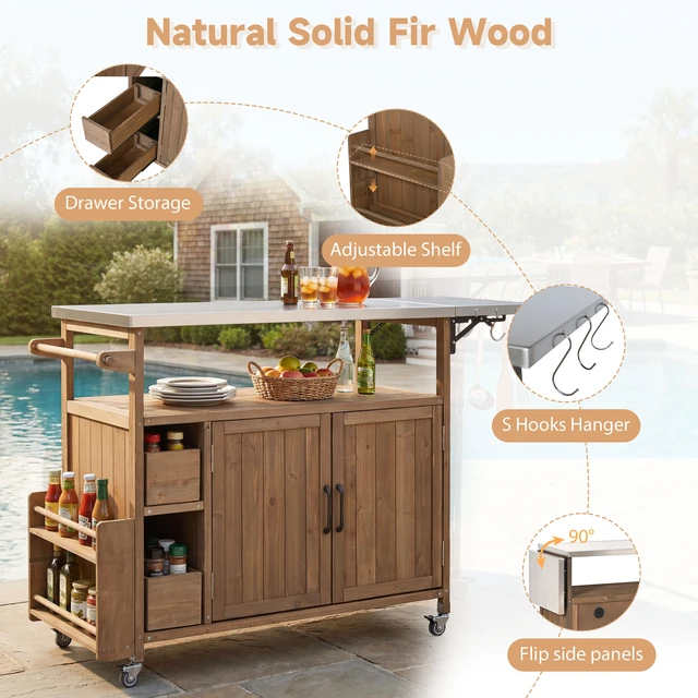 Alt view image 3 of 6 - 54.33 Inch Rolling Outdoor Kitchen Cart, Solid Wood Frame with Stainless Steel Top Spice Rack Towel Rack Lockable