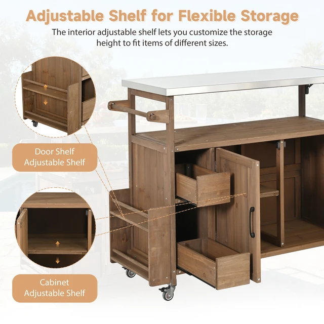 Alt view image 2 of 6 - 54.33 Inch Rolling Outdoor Kitchen Cart, Solid Wood Frame with Stainless Steel Top Spice Rack Towel Rack Lockable