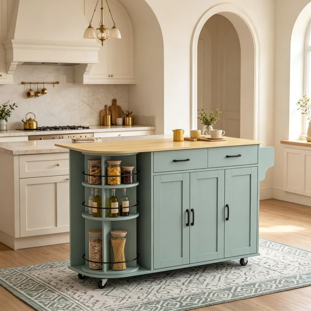 Alt view image 2 of 7 - Mobile Kitchen Island Cart Built in Power Outlet, Foldable Drop Leaf Rolling Wheels and 360° Rotating Storage Rack
