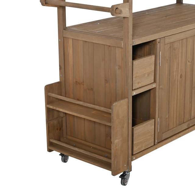 Alt view image 5 of 6 - 54.33 Inch Rolling Outdoor Kitchen Cart, Solid Wood Frame with Stainless Steel Top Spice Rack Towel Rack Lockable