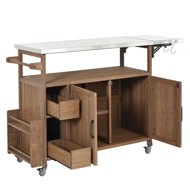 Alt view image 6 of 6 - 54.33 Inch Rolling Outdoor Kitchen Cart, Solid Wood Frame with Stainless Steel Top Spice Rack Towel Rack Lockable