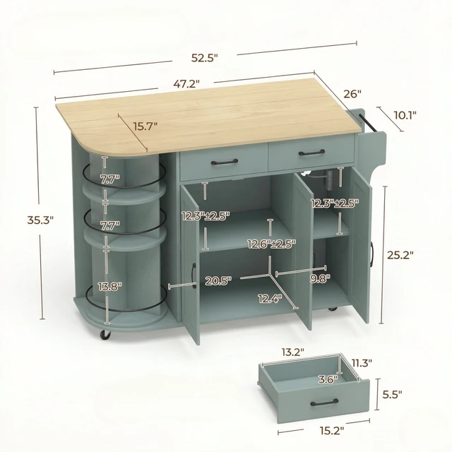 Alt view image 7 of 7 - Mobile Kitchen Island Cart Built in Power Outlet, Foldable Drop Leaf Rolling Wheels and 360° Rotating Storage Rack