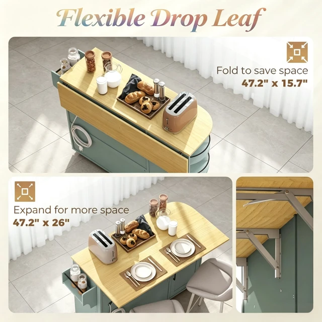 Alt view image 6 of 7 - Mobile Kitchen Island Cart Built in Power Outlet, Foldable Drop Leaf Rolling Wheels and 360° Rotating Storage Rack
