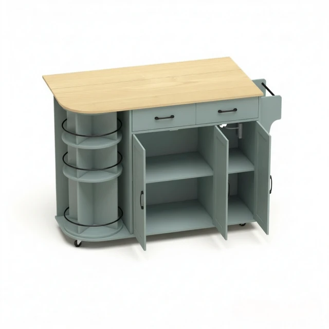 Alt view image 5 of 7 - Mobile Kitchen Island Cart Built in Power Outlet, Foldable Drop Leaf Rolling Wheels and 360° Rotating Storage Rack