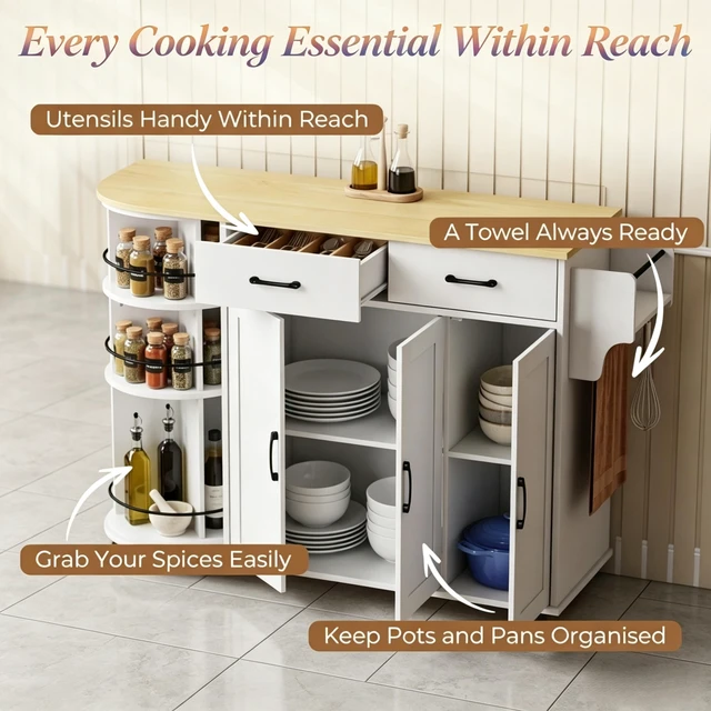Alt view image 4 of 7 - Mobile Kitchen Island Cart Built in Power Outlet, Foldable Drop Leaf Rolling Wheels and 360° Rotating Storage Rack