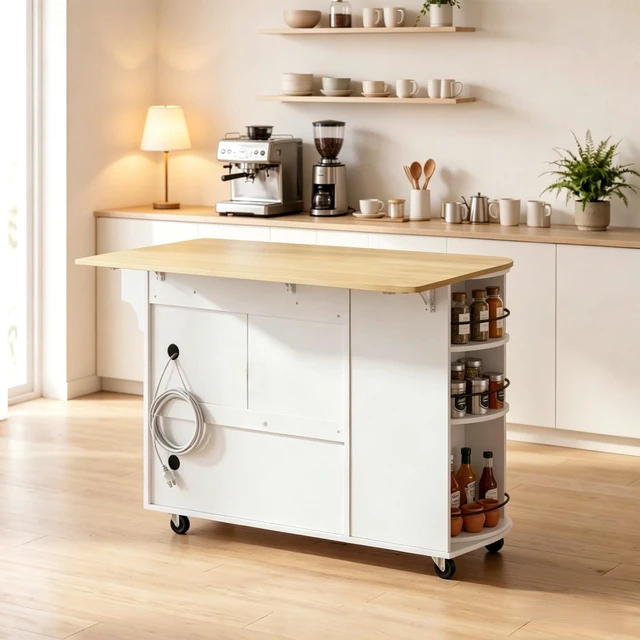 Alt view image 3 of 7 - Mobile Kitchen Island Cart Built in Power Outlet, Foldable Drop Leaf Rolling Wheels and 360° Rotating Storage Rack