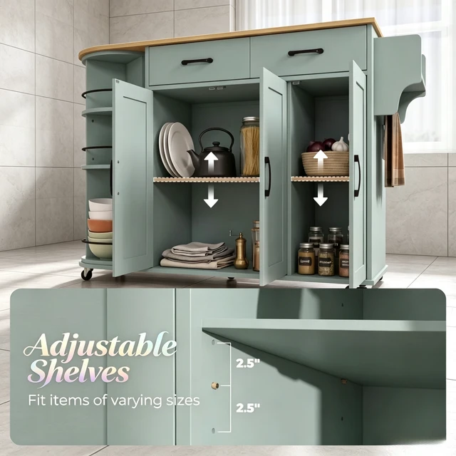 Alt view image 4 of 7 - Mobile Kitchen Island Cart Built in Power Outlet, Foldable Drop Leaf Rolling Wheels and 360° Rotating Storage Rack