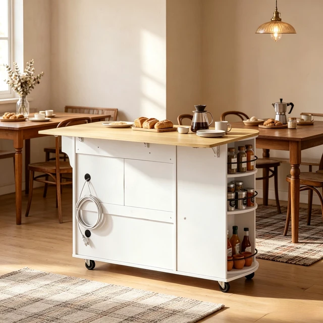 Alt view image 2 of 7 - Mobile Kitchen Island Cart Built in Power Outlet, Foldable Drop Leaf Rolling Wheels and 360° Rotating Storage Rack