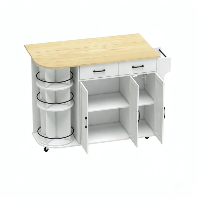 Alt view image 5 of 7 - Mobile Kitchen Island Cart Built in Power Outlet, Foldable Drop Leaf Rolling Wheels and 360° Rotating Storage Rack