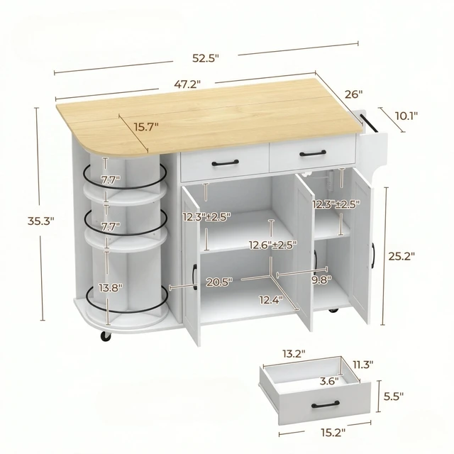 Alt view image 7 of 7 - Mobile Kitchen Island Cart Built in Power Outlet, Foldable Drop Leaf Rolling Wheels and 360° Rotating Storage Rack