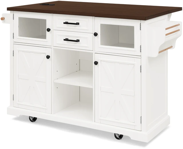Alt view image 5 of 7 - 47.2 Inch Kitchen Island with Drop Leaf, Power Outlet Rolling Kitchen Storage Cart 4 Wheels with 4 Door Shelves Cross