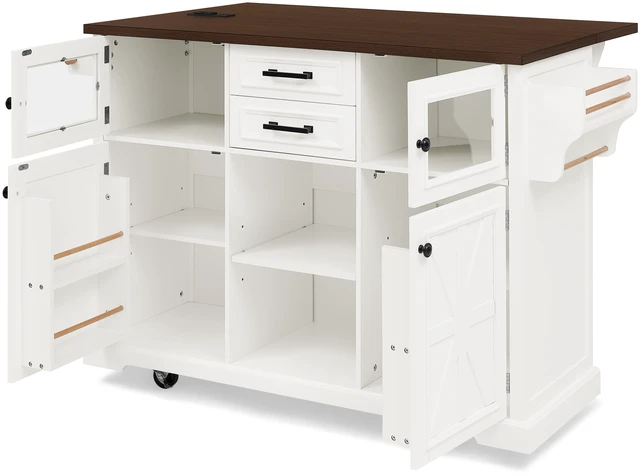 Alt view image 6 of 7 - 47.2 Inch Kitchen Island with Drop Leaf, Power Outlet Rolling Kitchen Storage Cart 4 Wheels with 4 Door Shelves Cross