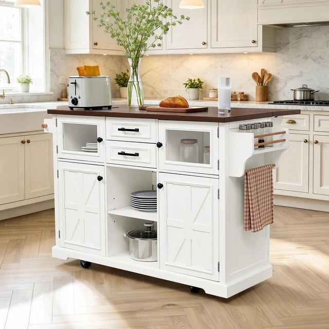Main image of 47.2 Inch Kitchen Island with Drop Leaf, Power Outlet Rolling Kitchen Storage Cart 4 Wheels with 4 Door Shelves Cross