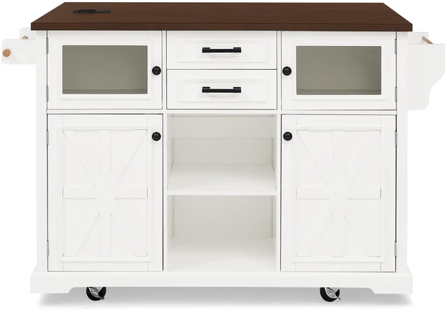 Alt view image 4 of 7 - 47.2 Inch Kitchen Island with Drop Leaf, Power Outlet Rolling Kitchen Storage Cart 4 Wheels with 4 Door Shelves Cross