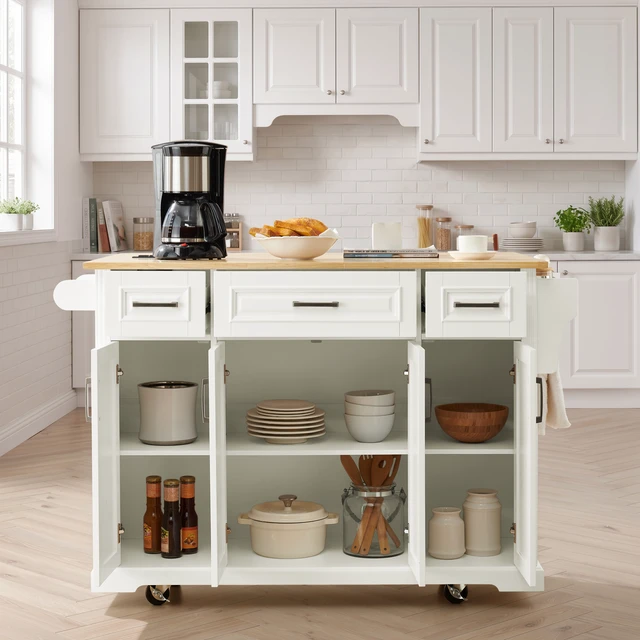 Alt view image 2 of 7 - 47.2 Inch Kitchen Island with 3 Drawers, Drop Leaf and 4 Doors Rubberwood Top Side Rack Towel Bar Locking Wheels
