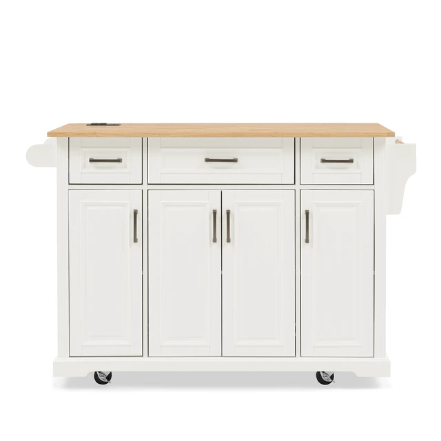 Alt view image 4 of 7 - 47.2 Inch Kitchen Island with 3 Drawers, Drop Leaf and 4 Doors Rubberwood Top Side Rack Towel Bar Locking Wheels