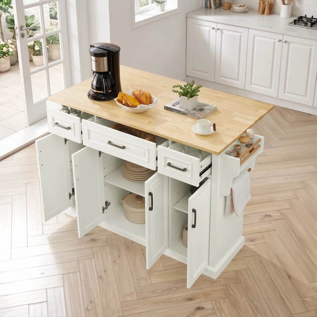 Alt view image 3 of 7 - 47.2 Inch Kitchen Island with 3 Drawers, Drop Leaf and 4 Doors Rubberwood Top Side Rack Towel Bar Locking Wheels