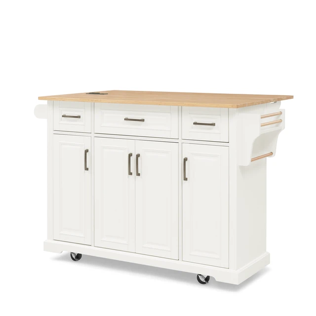 Alt view image 5 of 7 - 47.2 Inch Kitchen Island with 3 Drawers, Drop Leaf and 4 Doors Rubberwood Top Side Rack Towel Bar Locking Wheels