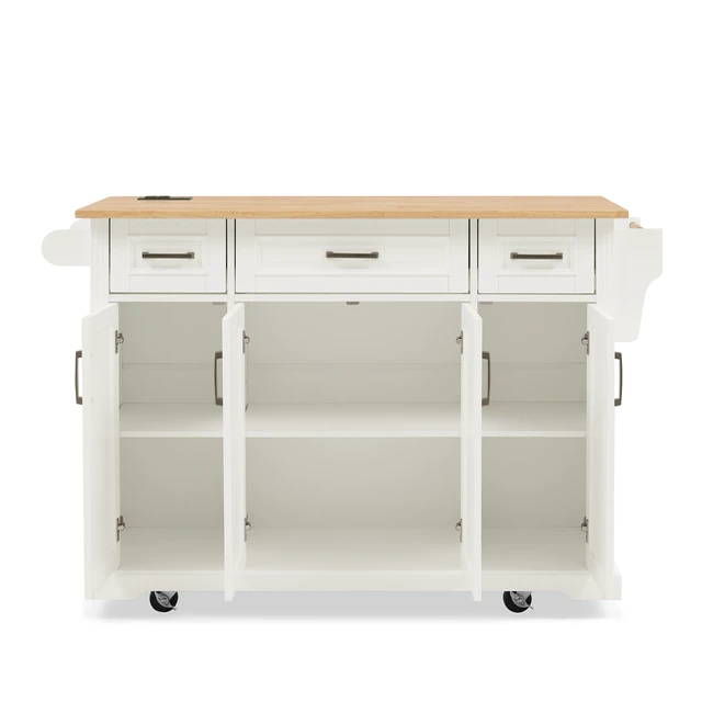 Alt view image 7 of 7 - 47.2 Inch Kitchen Island with 3 Drawers, Drop Leaf and 4 Doors Rubberwood Top Side Rack Towel Bar Locking Wheels